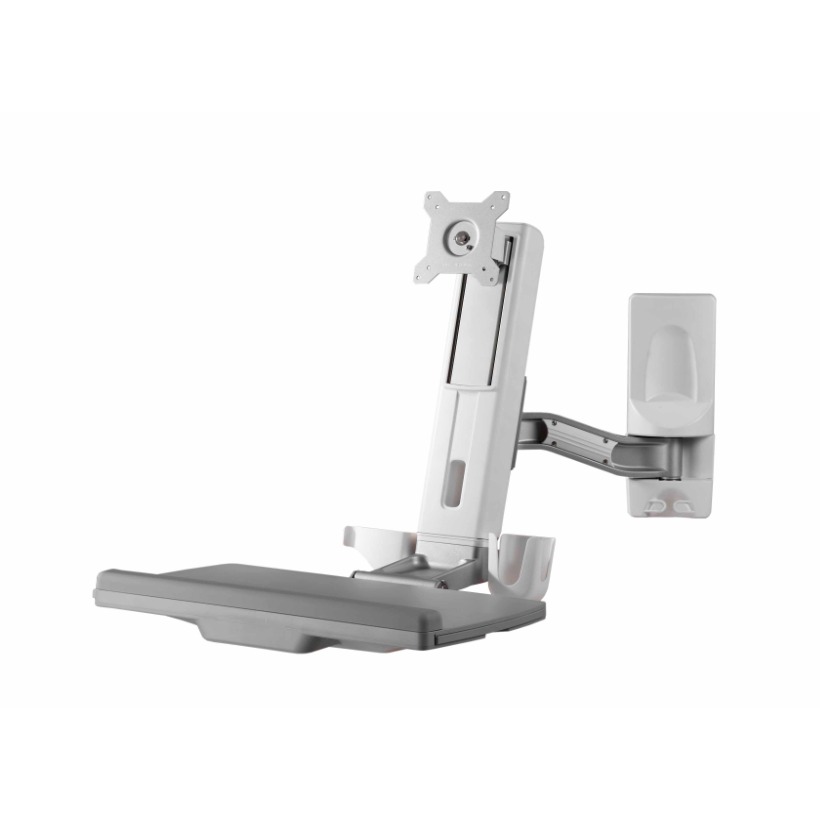 ARES-5221O is a wall-mounted workstation with single arm and keyboard tray that is compatible with 75 x 75mm or 100 x 100mm VESA patterns.